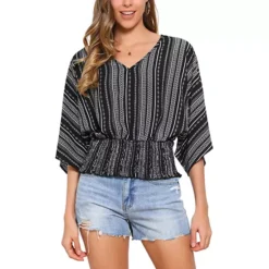 Tops For Women's Summer V Neck Boho Print Chiffon Cinched Waist Top Batwing Dolman Sleeve Blouses -Fashion Clothing Store 7602247 Black