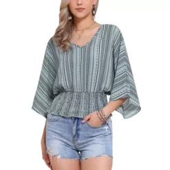 Tops For Women's Summer V Neck Boho Print Chiffon Cinched Waist Top Batwing Dolman Sleeve Blouses -Fashion Clothing Store 7602247 Light Gray Green