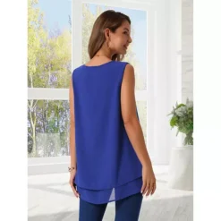Women's Chiffon Blouse V Neck Sleeveless Casual Tops Asymmetrical Hem Double Layer Flowy Tunic Shirt -Fashion Clothing Store 7602258 ALT2