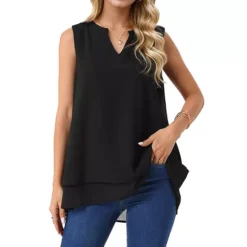 Women's Chiffon Blouse V Neck Sleeveless Casual Tops Asymmetrical Hem Double Layer Flowy Tunic Shirt -Fashion Clothing Store 7602258 Black