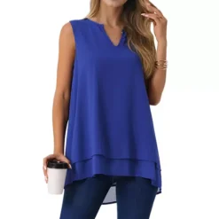 Women's Chiffon Blouse V Neck Sleeveless Casual Tops Asymmetrical Hem Double Layer Flowy Tunic Shirt
