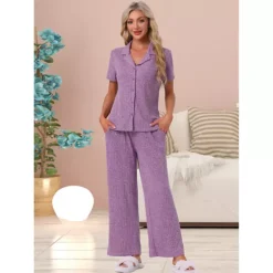 Women's Lounge Set Knit Solid Pajama Set Short Sleeve Full Length PJ Set -Fashion Clothing Store 7602270 ALT