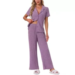 Women's Lounge Set Knit Solid Pajama Set Short Sleeve Full Length PJ Set -Fashion Clothing Store 7602270 Purple