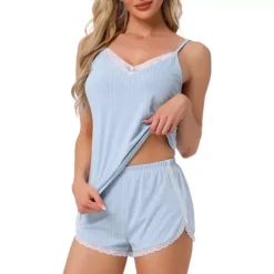 Women's Pajama Sets Lingerie Soft Sleepwear 2 Piece Cami Shorts Pj Set V Neck Lace Nightwear -Fashion Clothing Store 7602278 Blue