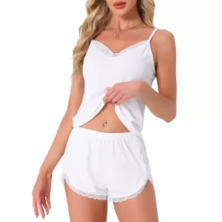 Women's Pajama Sets Lingerie Soft Sleepwear 2 Piece Cami Shorts Pj Set V Neck Lace Nightwear -Fashion Clothing Store 7602278 White