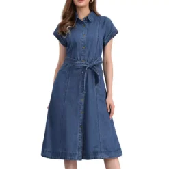 Denim Dress For Women's Casual Button Down Short Sleeves Belted Midi Dress