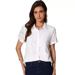 Floral Shirt For Women's Lapel Collar Short Sleeve Button Down Chiffon Work Blouse