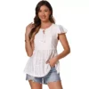 Boho Peplum Top For Women's Crochet Eyelet Cap Sleeves Tie Neck Summer Blouse