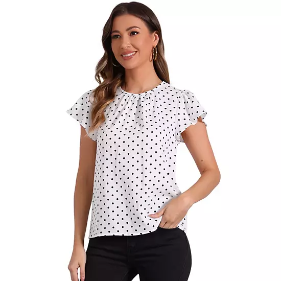 Polka Dots Tops For Women's Puffy Sleeve Round Pleated Neck Casual Office Blouse 1 Polka Dots Tops For Women's Puffy Sleeve Round Pleated Neck Casual Office Blouse