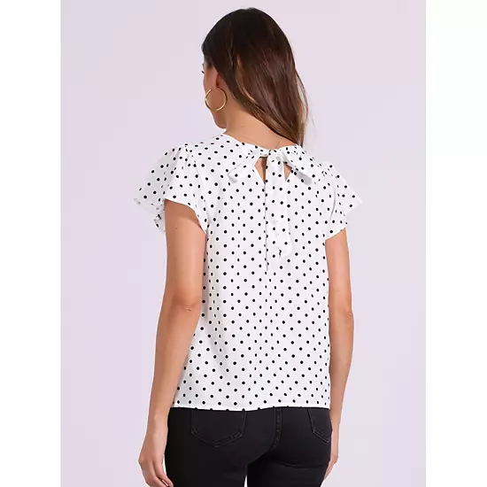 Polka Dots Tops For Women's Puffy Sleeve Round Pleated Neck Casual Office Blouse 2 Polka Dots Tops For Women's Puffy Sleeve Round Pleated Neck Casual Office Blouse - Image 2