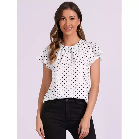 Polka Dots Tops For Women's Puffy Sleeve Round Pleated Neck Casual Office Blouse 3 Polka Dots Tops For Women's Puffy Sleeve Round Pleated Neck Casual Office Blouse - Image 3