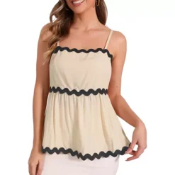 Summer Cami Top For Women's Adjustable Spaghetti Straps Sleeveless Contrast Color Peplum Tank Tops