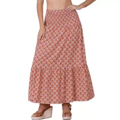 Women's Summer Skirt Casual Smocked Waist Flowy Swing Floral Maxi Skirts -Fashion Clothing Store 7602326 Orange Floral 1