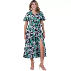 Women's Floral V Neck Split Hem Short Sleeve Maxi Tropical Dress -Fashion Clothing Store 7602365 Green