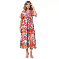 Women's Floral V Neck Split Hem Short Sleeve Maxi Tropical Dress -Fashion Clothing Store 7602365 White Pink