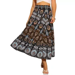 Floral Skirts For Women's Boho Elastic High Waist Casual Beach Flowy Maxi Skirt -Fashion Clothing Store 7602400 Black 1