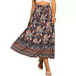 Floral Skirts For Women's Boho Elastic High Waist Casual Beach Flowy Maxi Skirt -Fashion Clothing Store 7602400 Dark Blue