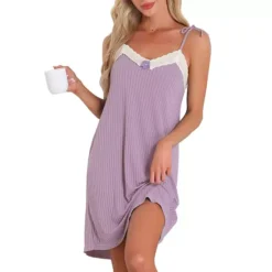 Women Sleeveless Lingerie Lace Nightgown Thigh Length Soild Sleepdress -Fashion Clothing Store 7602449 Purple