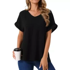 Women's Linen Tops Short Sleeve Casual T Shirts Basic Summer Outfits Loose Solid Color Blouse -Fashion Clothing Store 7602487 Black 1