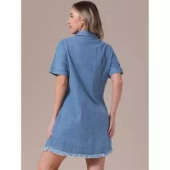 Women's Denim Dress Button Front Frayed Hem Collared Short Sleeve Jean Shirt Dresses -Fashion Clothing Store 7602516 ALT2