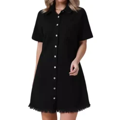 Women's Denim Dress Button Front Frayed Hem Collared Short Sleeve Jean Shirt Dresses -Fashion Clothing Store 7602516 Black