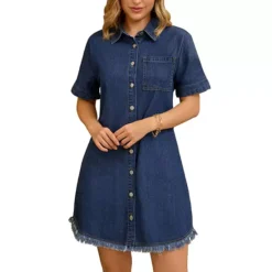 Women's Denim Dress Button Front Frayed Hem Collared Short Sleeve Jean Shirt Dresses