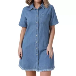 Women's Denim Dress Button Front Frayed Hem Collared Short Sleeve Jean Shirt Dresses -Fashion Clothing Store 7602516 Light Blue