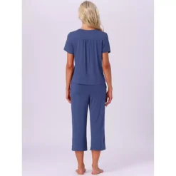 Women's Lounge Set Short Sleeve Long Pants V Neck Capri Pants Pajama Set Button Down Pj Sets -Fashion Clothing Store 7602543 ALT2