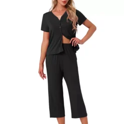 Women's Lounge Set Short Sleeve Long Pants V Neck Capri Pants Pajama Set Button Down Pj Sets -Fashion Clothing Store 7602543 Black
