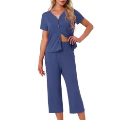 Women's Lounge Set Short Sleeve Long Pants V Neck Capri Pants Pajama Set Button Down Pj Sets -Fashion Clothing Store 7602543 Navy