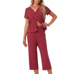 Women's Lounge Set Short Sleeve Long Pants V Neck Capri Pants Pajama Set Button Down Pj Sets -Fashion Clothing Store 7602543 Red 1