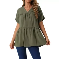 Women's Summer Babydoll Tops Casual V Neck Loose T Shirt Short Sleeve Peplum Blouse Tunics -Fashion Clothing Store 7602608 Army Green 1