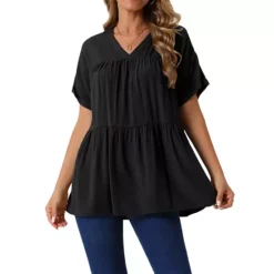 Women's Summer Babydoll Tops Casual V Neck Loose T Shirt Short Sleeve Peplum Blouse Tunics -Fashion Clothing Store 7602608 Black