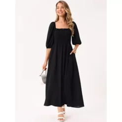 Women's Summer Dresses Casual Puffy Half Sleeve Square Neck Smocked Flowy Maxi Dress With Pockets -Fashion Clothing Store 7602621 ALT2