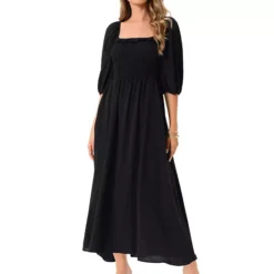 Women's Summer Dresses Casual Puffy Half Sleeve Square Neck Smocked Flowy Maxi Dress With Pockets -Fashion Clothing Store 7602621 Black