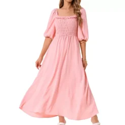 Women's Summer Dresses Casual Puffy Half Sleeve Square Neck Smocked Flowy Maxi Dress With Pockets -Fashion Clothing Store 7602621 Pink 1