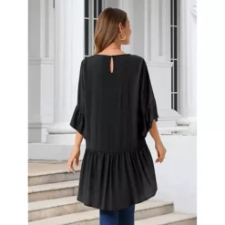 Women's High Low Tops 3/4 Bell Sleeve Round Neck Keyhole Back Casual Ruffle Hem Asymmetrical Blouse -Fashion Clothing Store 7602664 ALT2