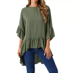 Women's High Low Tops 3/4 Bell Sleeve Round Neck Keyhole Back Casual Ruffle Hem Asymmetrical Blouse -Fashion Clothing Store 7602664 Army Green
