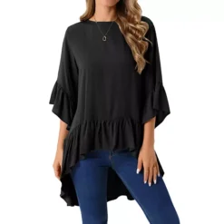 Women's High Low Tops 3/4 Bell Sleeve Round Neck Keyhole Back Casual Ruffle Hem Asymmetrical Blouse -Fashion Clothing Store 7602664 Black 1