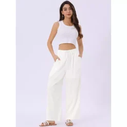 Women's Linen Summer Palazzo Pants Flowy Wide Leg Beach Trousers With Pockets -Fashion Clothing Store 7602667 ALT