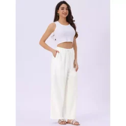 Women's Linen Summer Palazzo Pants Flowy Wide Leg Beach Trousers With Pockets -Fashion Clothing Store 7602667 ALT2