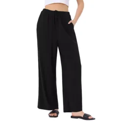 Women's Linen Summer Palazzo Pants Flowy Wide Leg Beach Trousers With Pockets -Fashion Clothing Store 7602667 Black 1