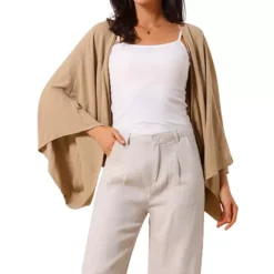 Women's Summer Linen Cardigan 3/4 Sleeve Open Front Loose Cover Ups Lightweight Shrug -Fashion Clothing Store 7602693 Khaki