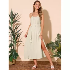 Women's Summer Dresses Linen Maxi Sundress Loose Tie Waist Spaghetti Strap Cami Casual Beach Dress -Fashion Clothing Store 7602758 ALT2
