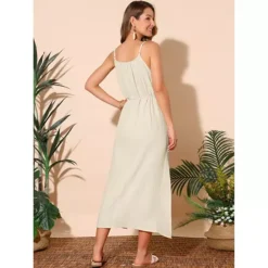 Women's Summer Dresses Linen Maxi Sundress Loose Tie Waist Spaghetti Strap Cami Casual Beach Dress -Fashion Clothing Store 7602758 ALT3