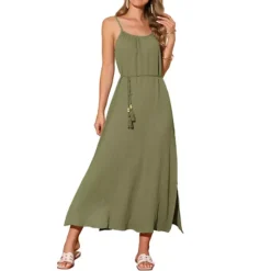 Women's Summer Dresses Linen Maxi Sundress Loose Tie Waist Spaghetti Strap Cami Casual Beach Dress -Fashion Clothing Store 7602758 Green 1