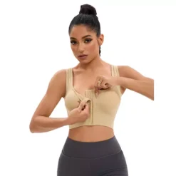 Women's Front Closure Full Support Sports Bra Workout Wirefree Padded Bras -Fashion Clothing Store 7602789 Beige