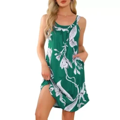 Women's Nightgown Sleeveless Short Sleepwear Pleated Sleep Shirts Wide Strap Sleep Dress With Pocket -Fashion Clothing Store 7602799 Green Flowers