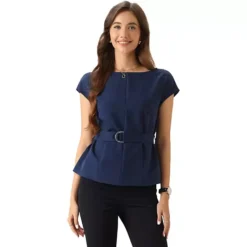 Cap Sleeve Dressy Top For Women's Boat Neck Office Work Belted Peplum Tops