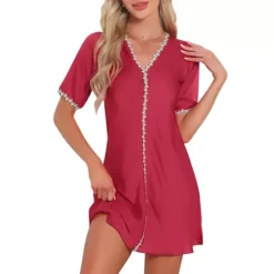 Womens Nightgown Floral Sleepdress Soft V Neck Short Sleeve Loungewear -Fashion Clothing Store 7602825 Red